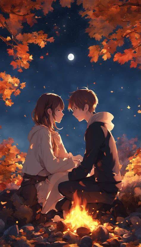 Pasangan anime romantis terpisah dengan latar musim gugur