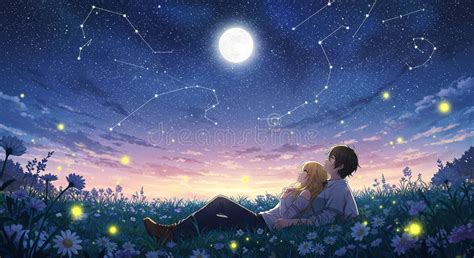 Dua karakter anime menatap langit malam berbintang