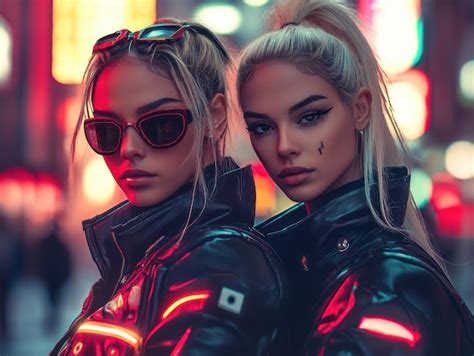 Dua karakter anime futuristik dengan latar kota neon
