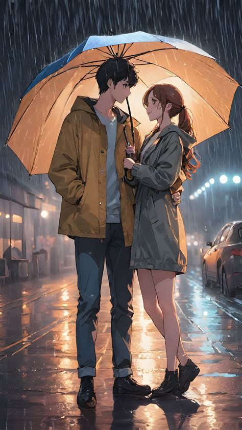 pasangan anime dalam suasana hujan romantis