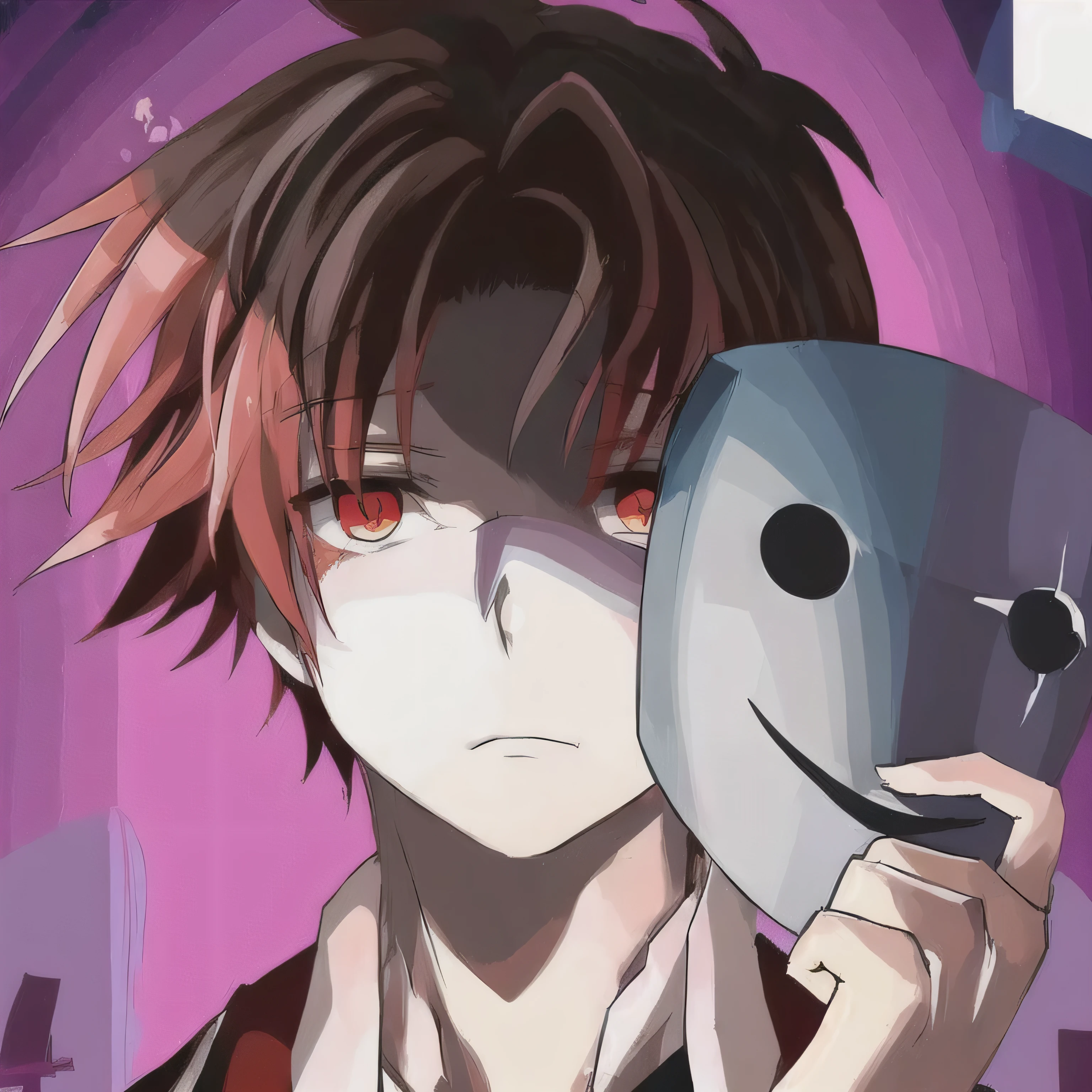 artistic illustration of anime boy fake smile mask