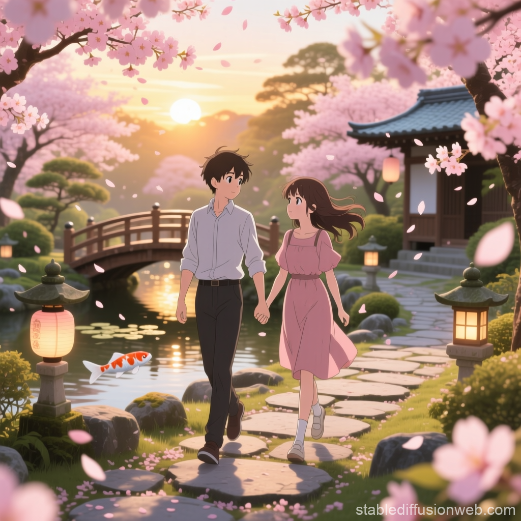 karakter anime terpisah di antara pohon bunga sakura