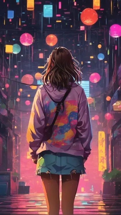 gadis anime bergaya retro dengan aksesori modis