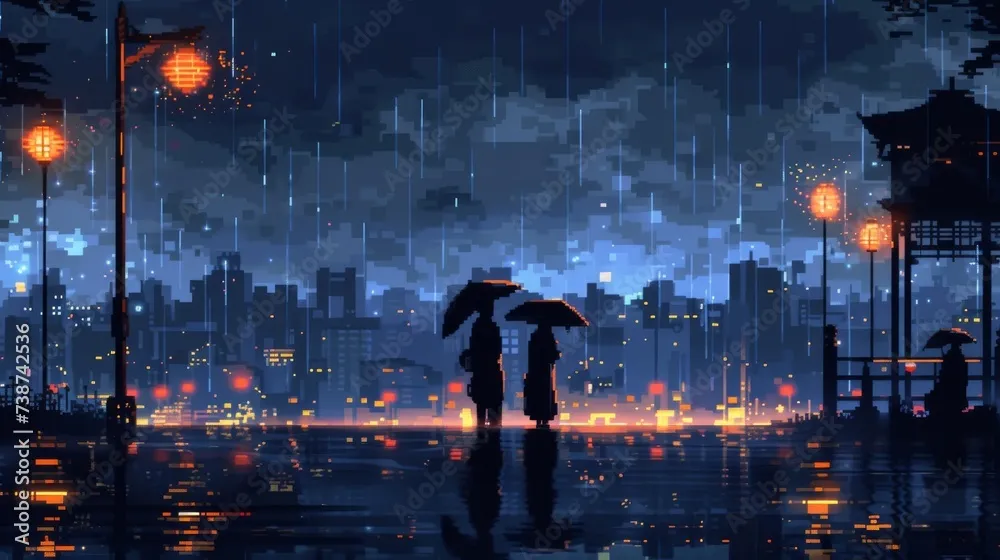 Dua karakter anime berjalan beriringan di jalanan kota saat hujan