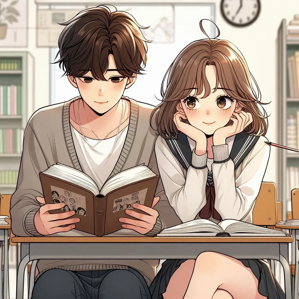 Dua karakter anime sedang membaca buku bersama di perpustakaan