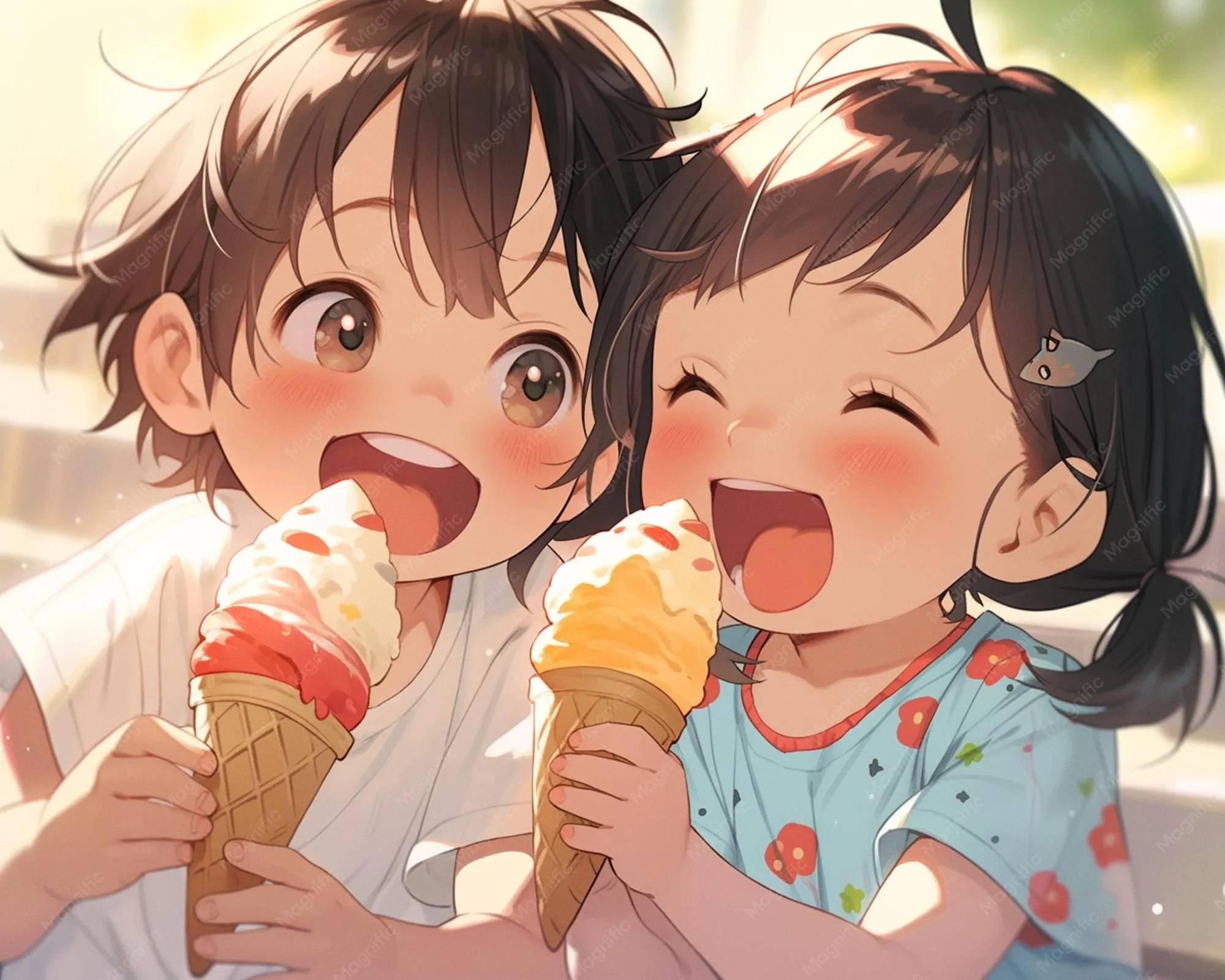 Dua karakter anime makan es krim bersama dengan ekspresi lucu