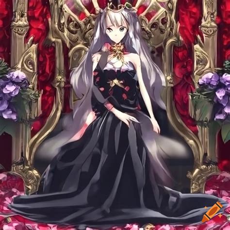 gadis anime duduk di kursi tahta dengan mahkota