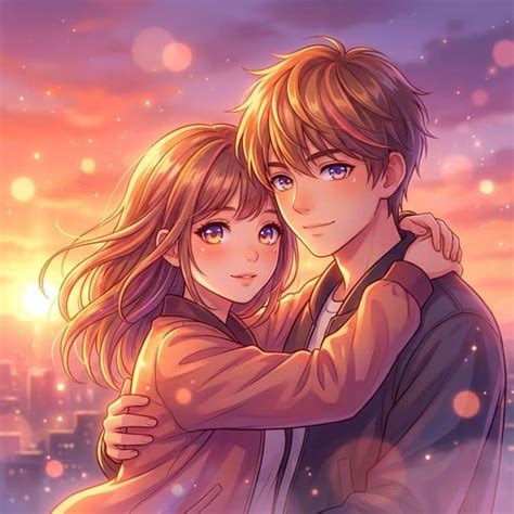 Ilustrasi pasangan anime terpisah dengan suasana sangat romantis
