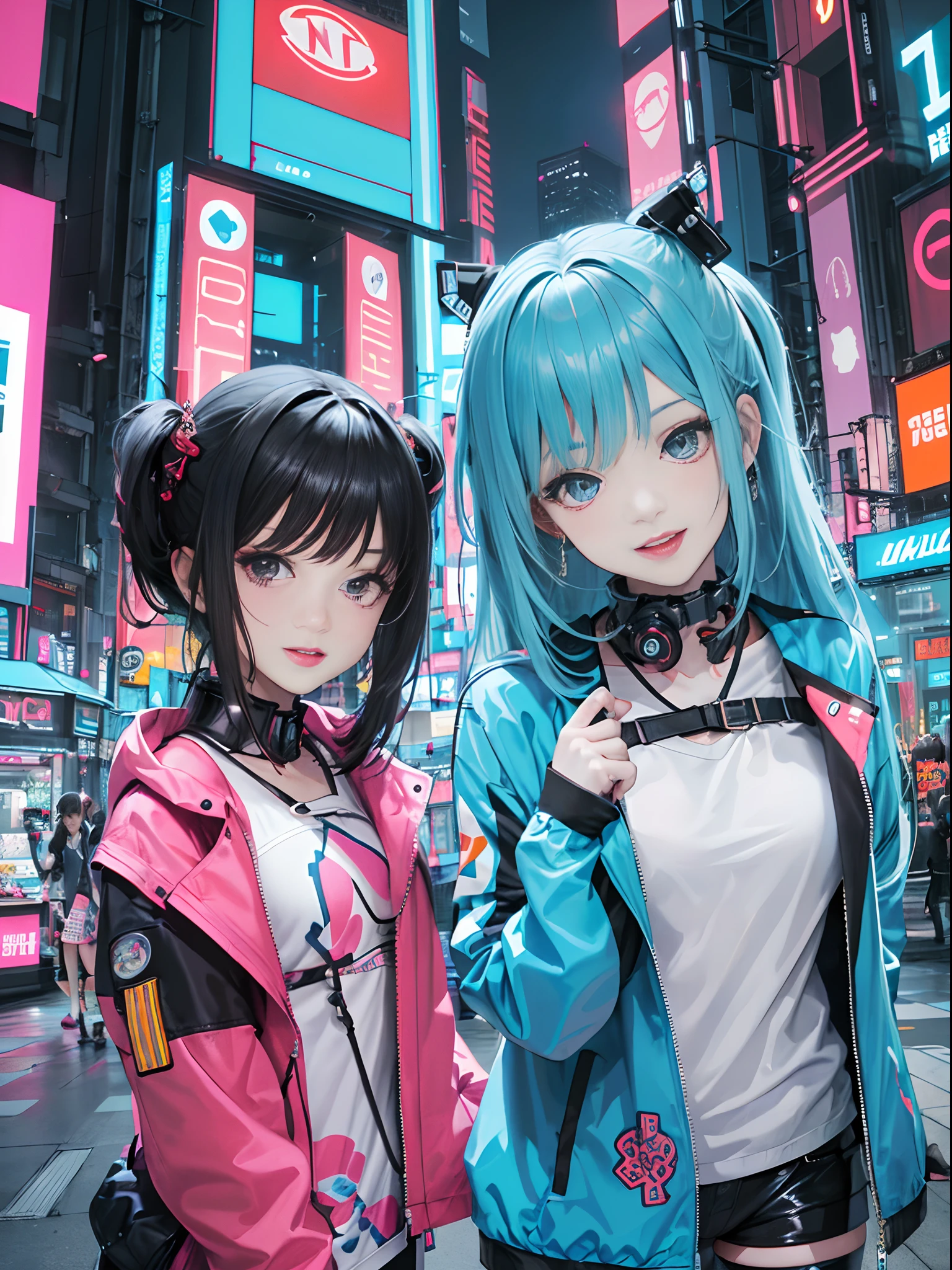 Pasangan anime menggunakan masker medis biru dengan gaya cyberpunk