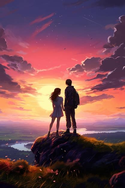pasangan anime melihat pemandangan langit senja di perbukitan
