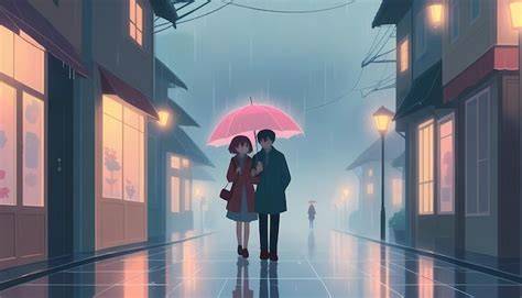 pasangan anime bersepeda saat musim hujan dengan payung