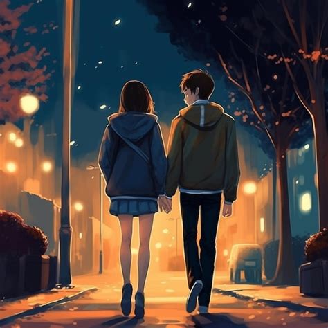 pasangan anime berpegangan tangan di bawah lampu kota