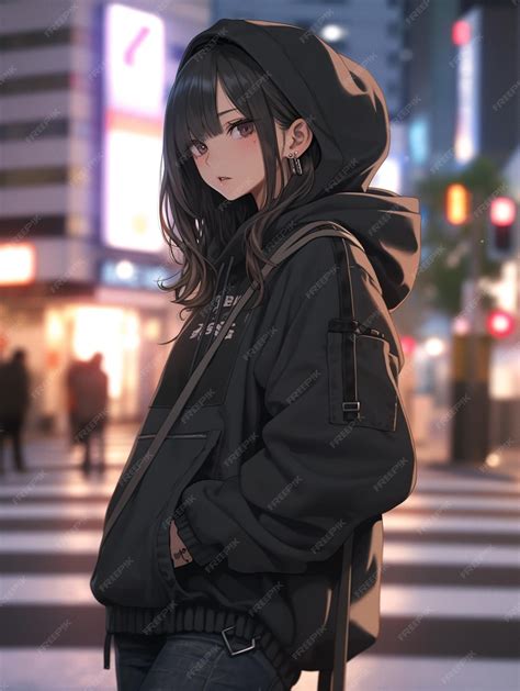 gadis anime berambut putih dengan hoodie kebesaran di bawah hujan