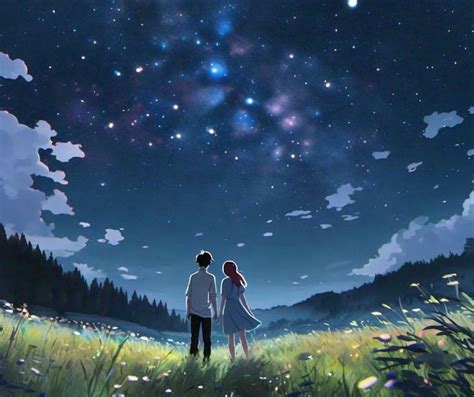 Ilustrasi anime couple terpisah dengan tema malam berbintang