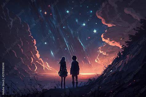 Karakter anime melihat bintang di malam hari
