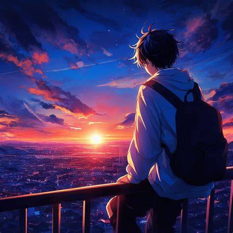 karakter anime pria sedang duduk di atap gedung