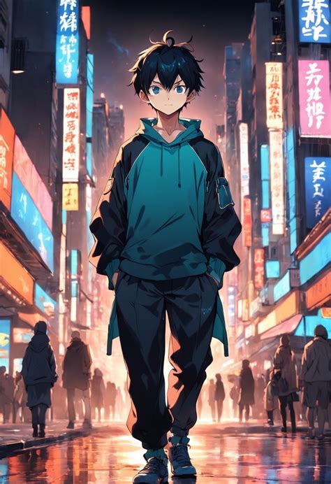anime cowok dengan latar belakang pemandangan kota neon