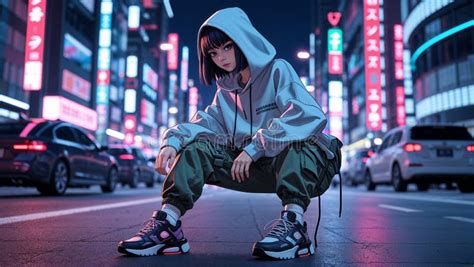 gadis anime berhijab di bawah cahaya senja kota