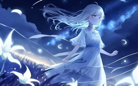 karakter anime berhijab dengan latar belakang langit malam