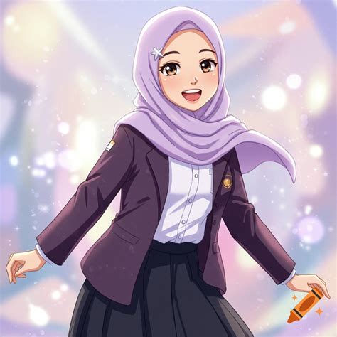 gadis anime berhijab dengan latar belakang pegunungan