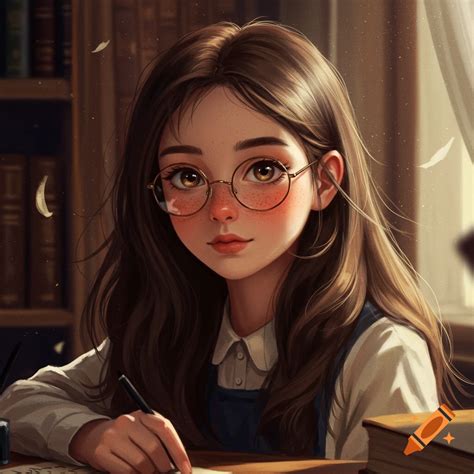gadis anime dengan kacamata sedang membaca buku