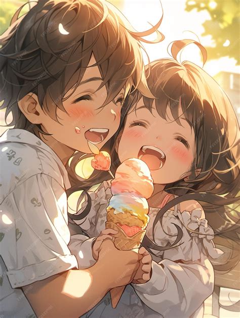 dua karakter anime sedang berbagi es krim