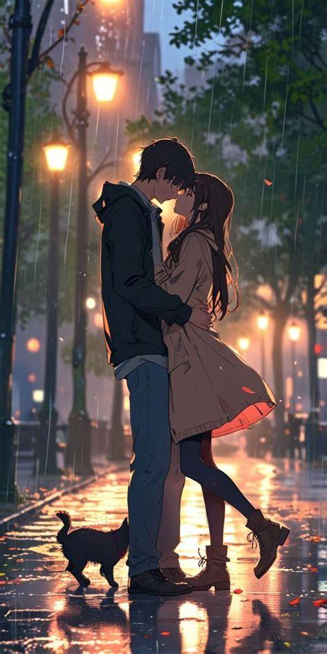 Wallpaper anime pasangan terpisah di bawah hujan