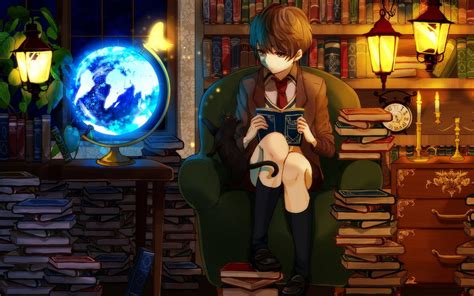 karakter anime membaca buku di kafe yang nyaman