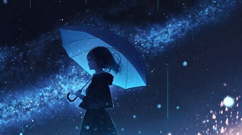 karakter anime di bawah guyuran hujan dengan payung transparan