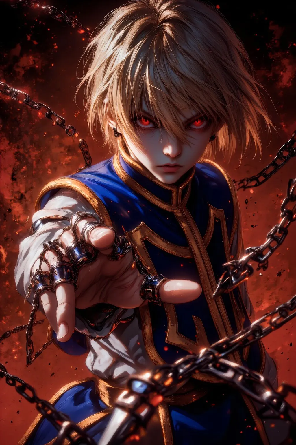 Kurapika dengan mata Scarlet yang bersinar dalam posisi bertarung yang tajam