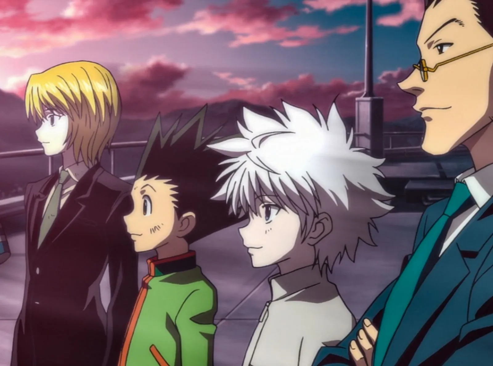 Grup karakter utama Gon, Killua, Kurapika, dan Leorio berkumpul bersama