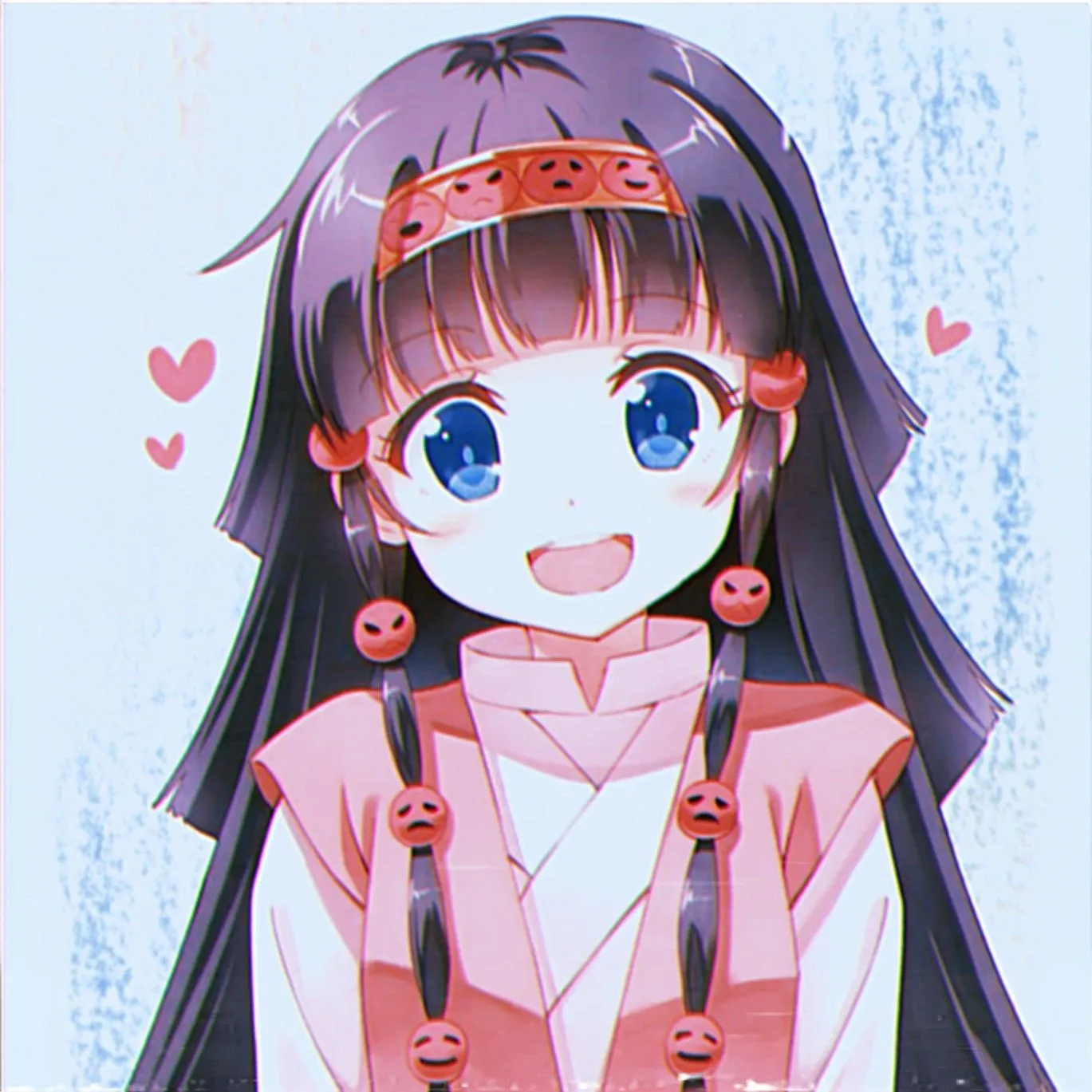Alluka Zoldyck dengan senyum ceria di depan dekorasi tradisional