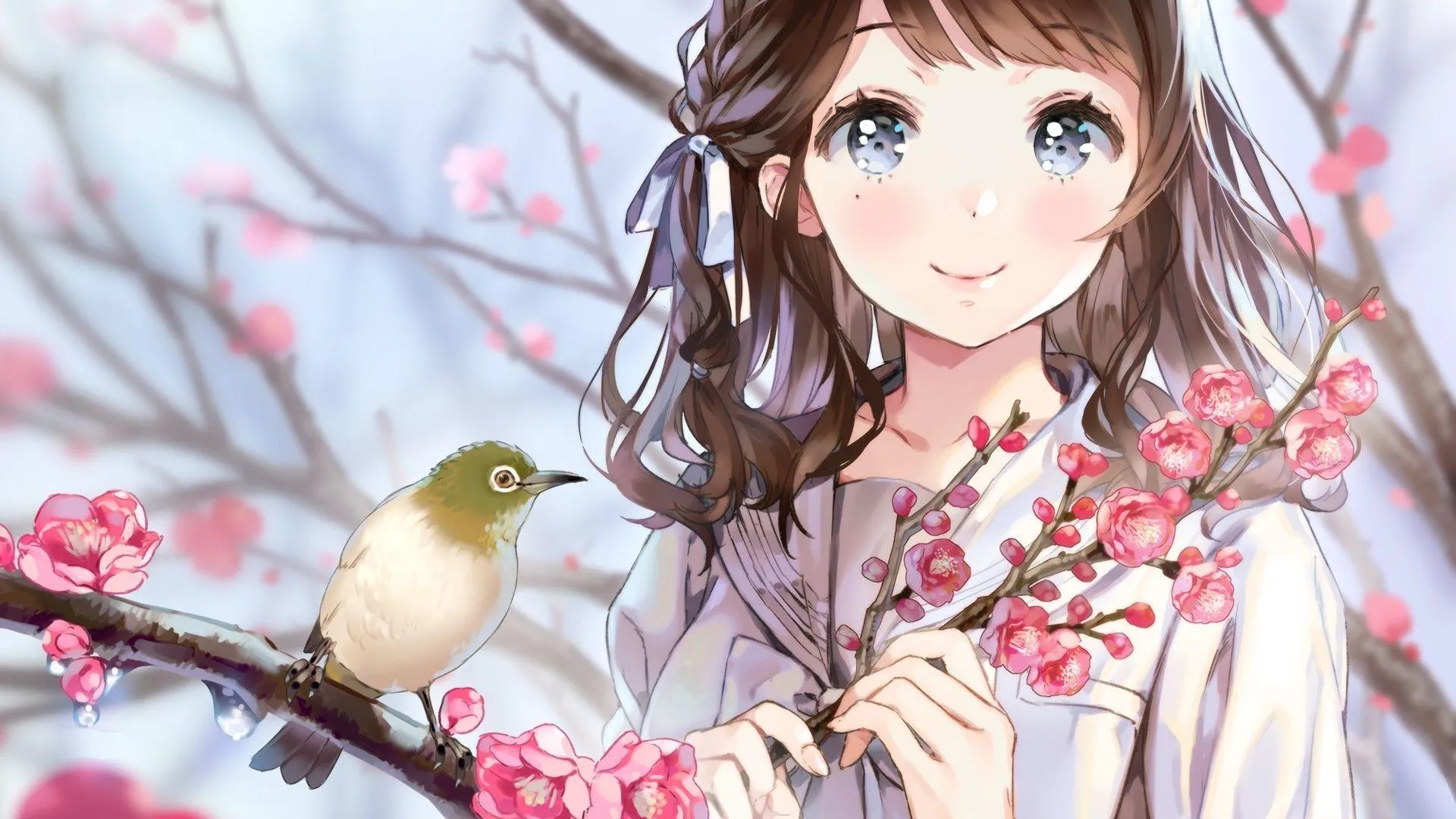 karakter anime imut dengan latar belakang bunga sakura