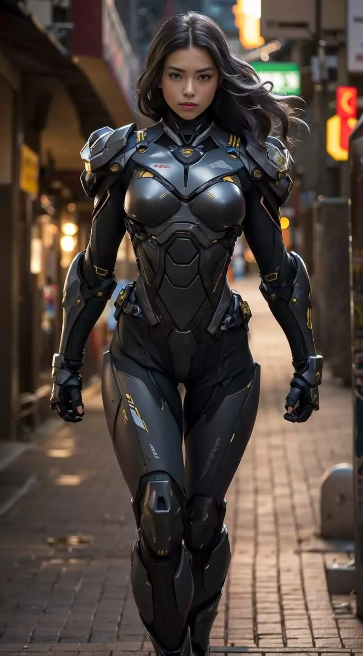 karakter anime prajurit perempuan dengan baju zirah futuristik