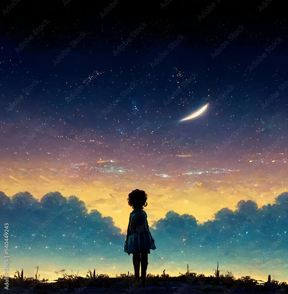 karakter anime hijab menatap langit malam