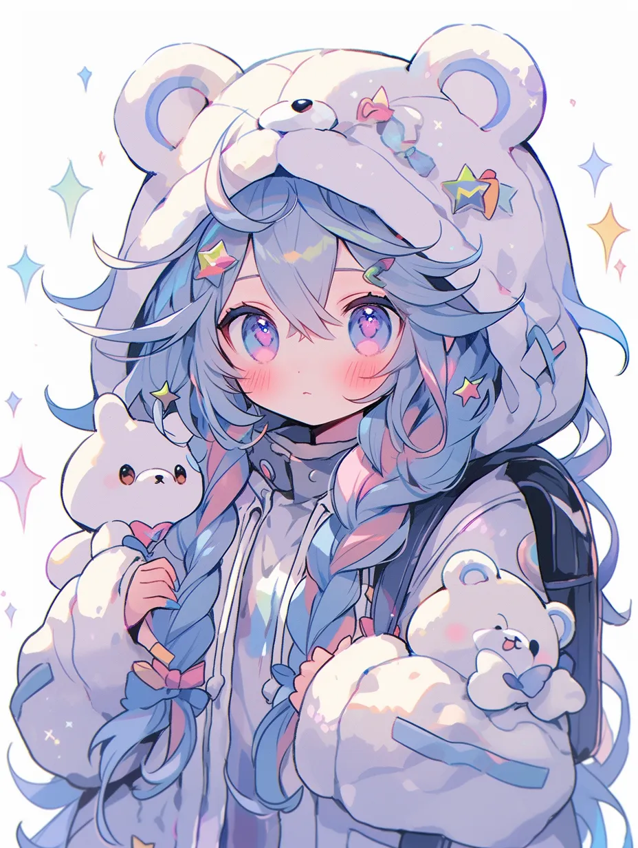 gadis anime berhijab memeluk boneka