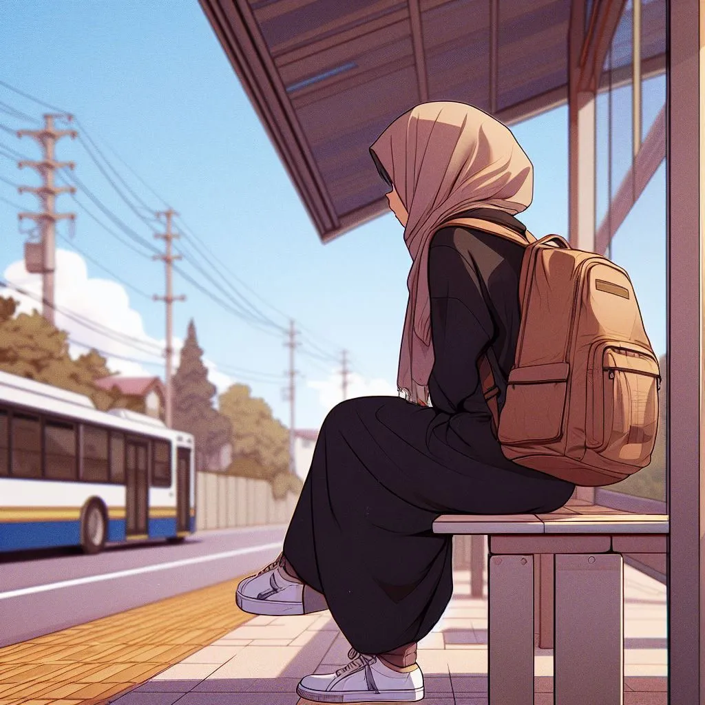 gadis berhijab berjalan di lorong sepi