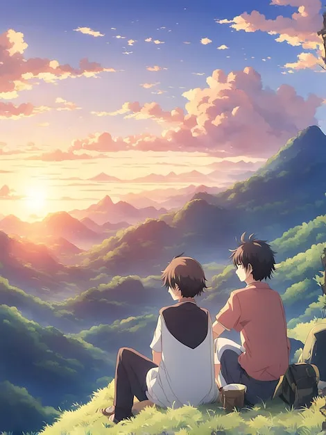 dua sahabat anime cowok di padang rumput luas