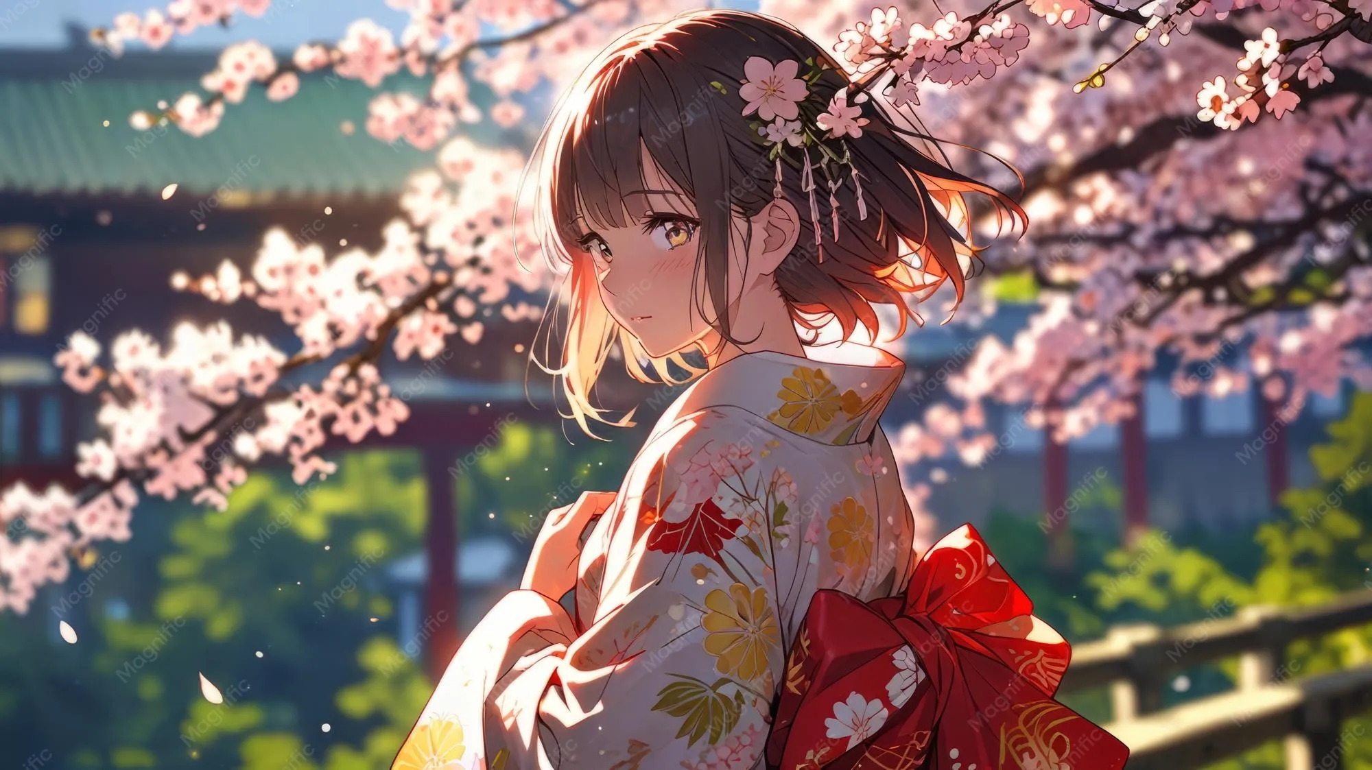 Pemandangan pedesaan Jepang dengan karakter anime di tengah bunga sakura