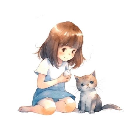 gadis anime bersama kucing kecil di pangkuan