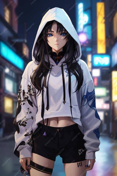 gadis anime memakai hoodie kebesaran dan headphone