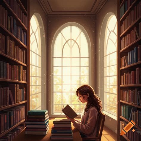gadis anime membaca buku di perpustakaan klasik