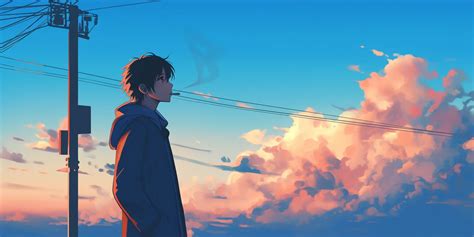 karakter anime cowok bertopi baseball dengan latar langit senja