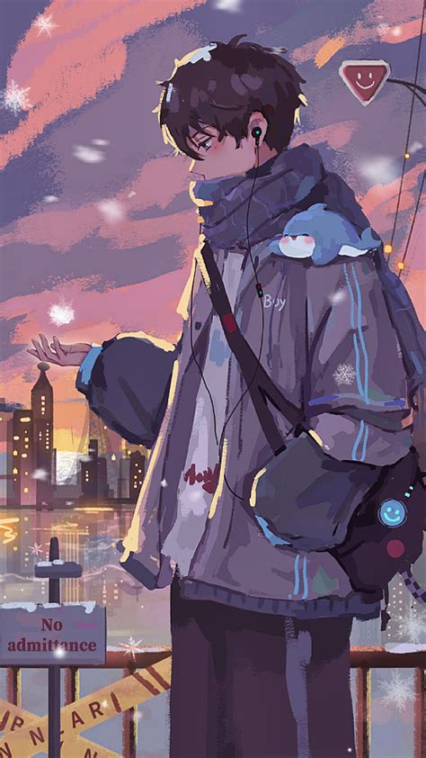 ilustrasi artistik pria anime memakai topi kupluk musim dingin