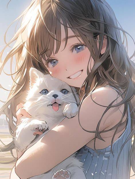 karakter gadis kecil anime memegang kucing lucu