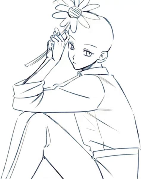 sketsa tangan karakter anime yang sedang memegang bunga