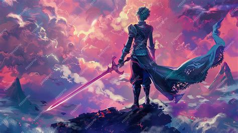 karakter anime pria dengan pedang di latar belakang pegunungan
