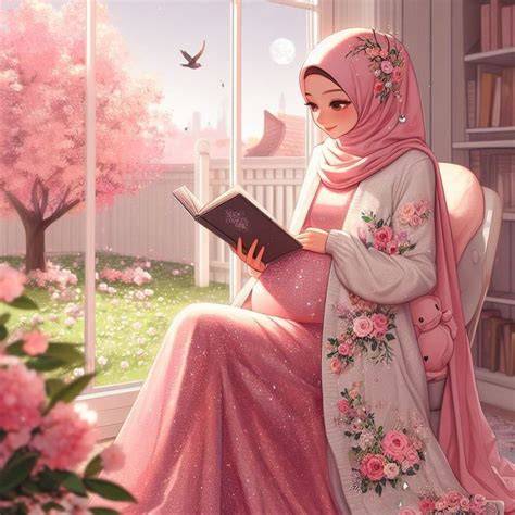 karakter anime wanita berhijab membaca buku di perpustakaan