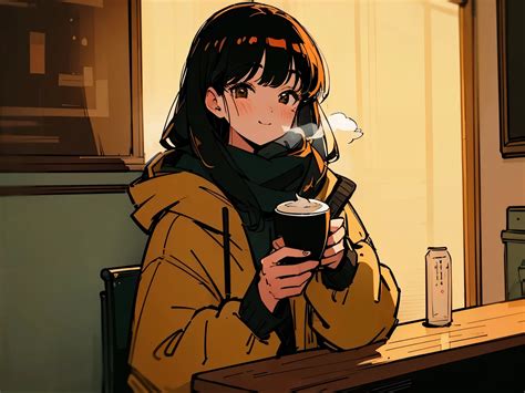 gadis anime dengan headphone di kafe