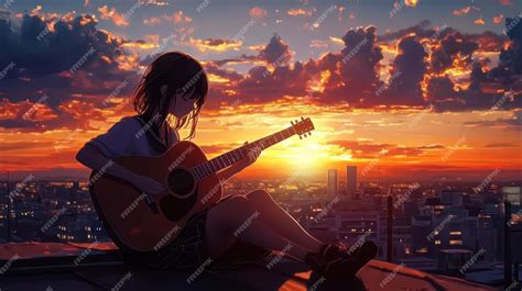 gadis anime dengan tema musik dan gitar